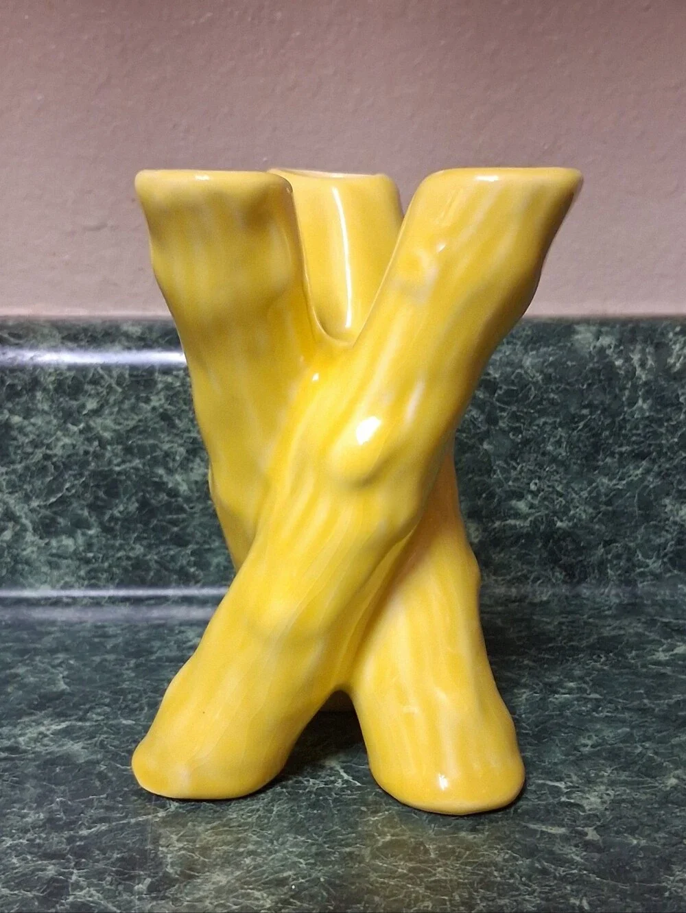 Vintage Camark Pottery Twisted Bamboo Triple Bud Vase Pale Yellow